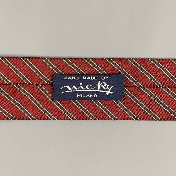 MICKY Burgundy Brown Diagonal Stripe Silk  Cotton Tie - Picture 5 of 6